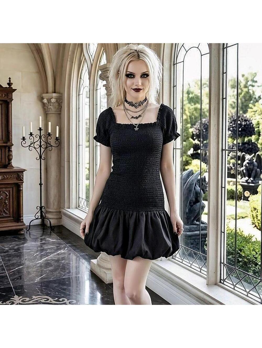Gothic Smocked Bubble Hem Mini Dress 14